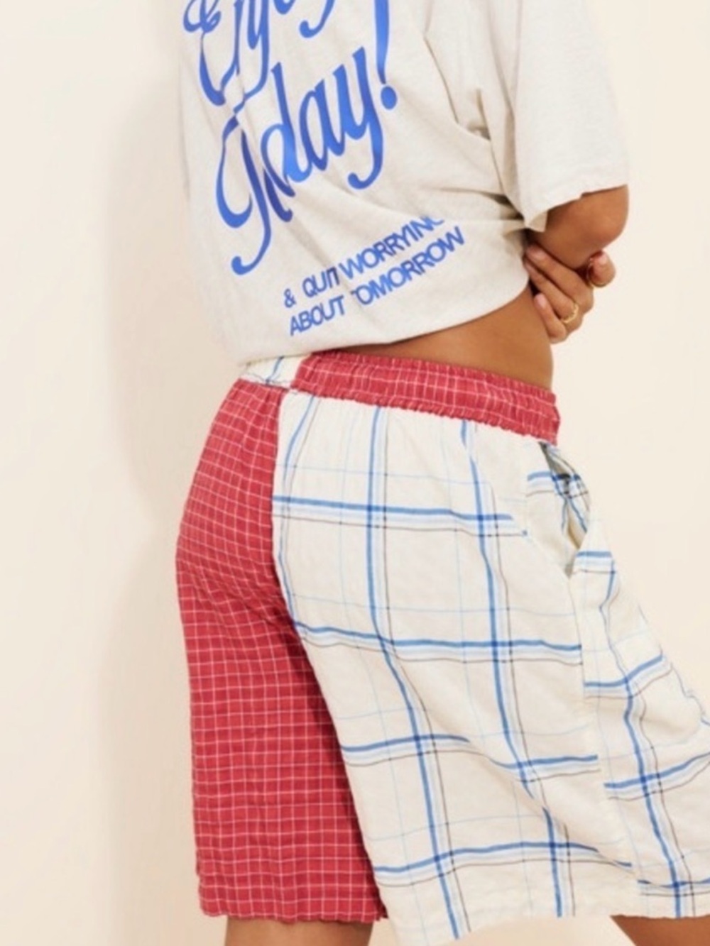 Anthropologie Celandine Drawstring Shorts Red Blue plaid NWT Sz Large Elastic - Picture 3 of 7